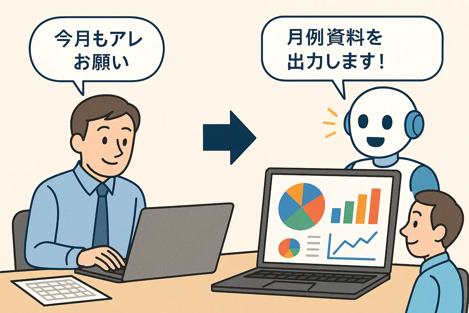 毎月の資料作成をAIがグラフ化して自動で整えるイラスト