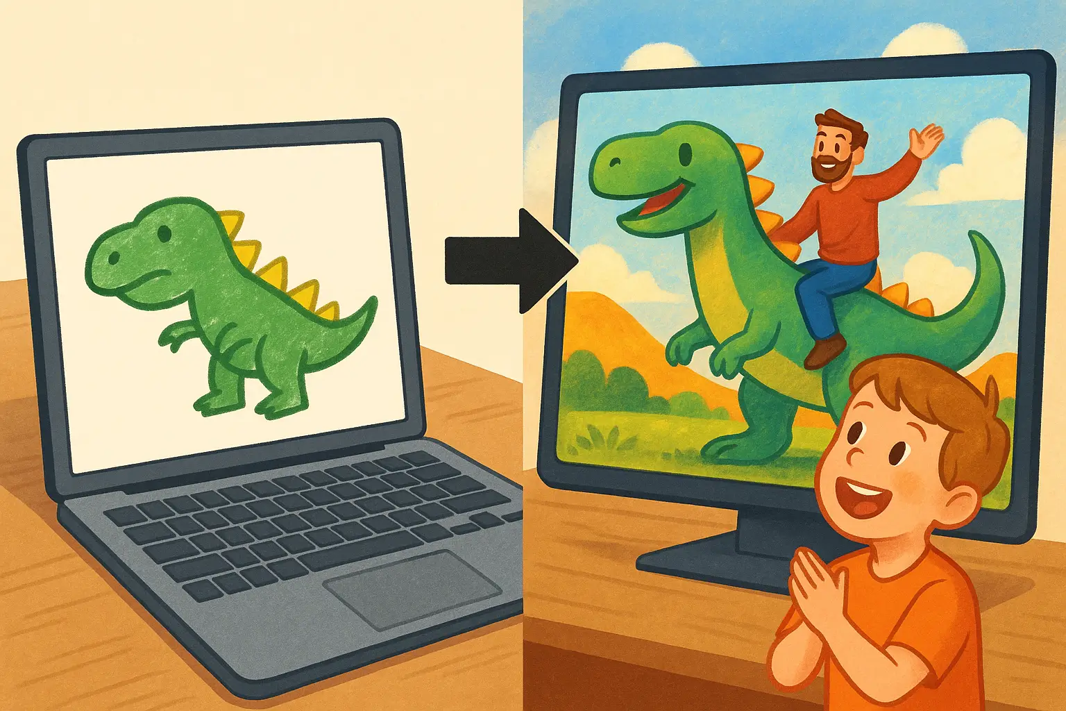 子どもの恐竜落書きが絵本風イラストに進化して親子で喜ぶ様子
