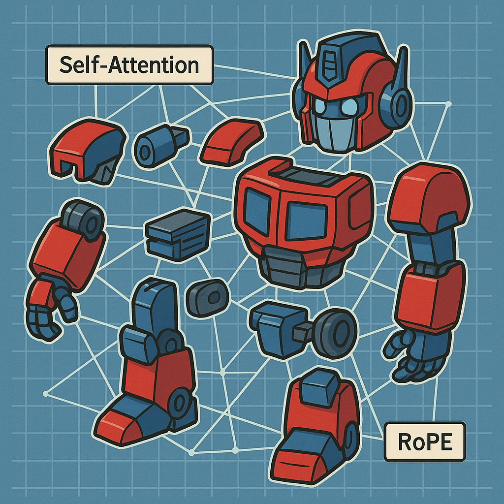 分解と注意のイメージ図(エンコード/自己注意/RoPE)